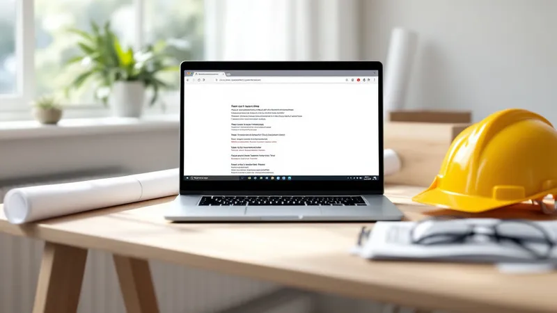 Laptop showing AI search interface beside a construction helmet and blueprints