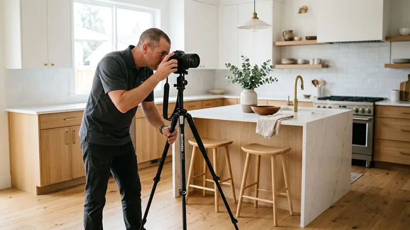 Builder photographing a finished kitchen with a camera to create content for the company website
