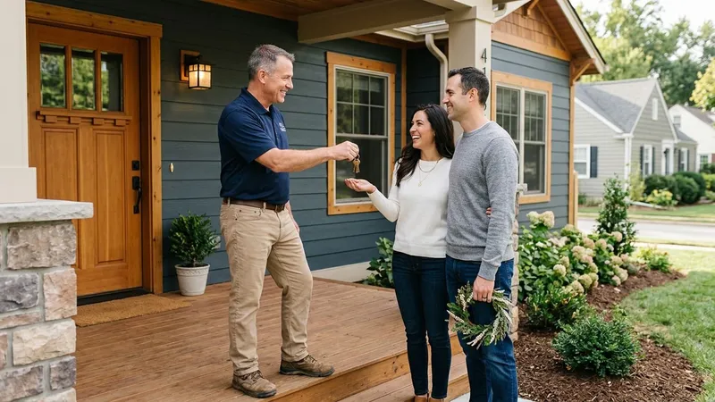 Builder handing house keys to smiling homeowners on the porch of their newly finished home