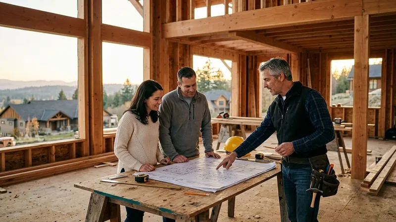 Builder and homeowners reviewing architectural plans on site at a custom home under construction