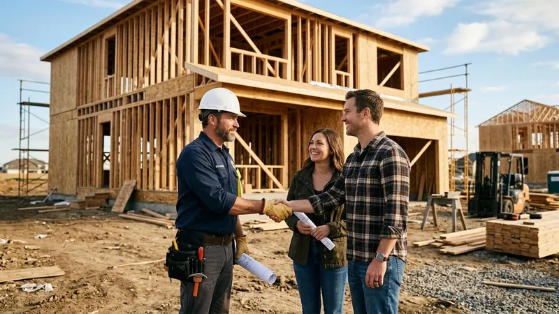 Home builder in a hard hat shaking hands with homeowners in front of a newly framed house