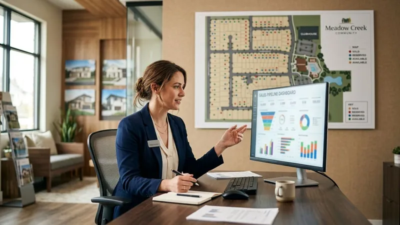 New home sales manager reviewing a lead pipeline dashboard on a computer in a sales office
