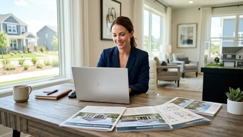 Home builder sales manager reviewing an email newsletter featuring new home photos on a laptop