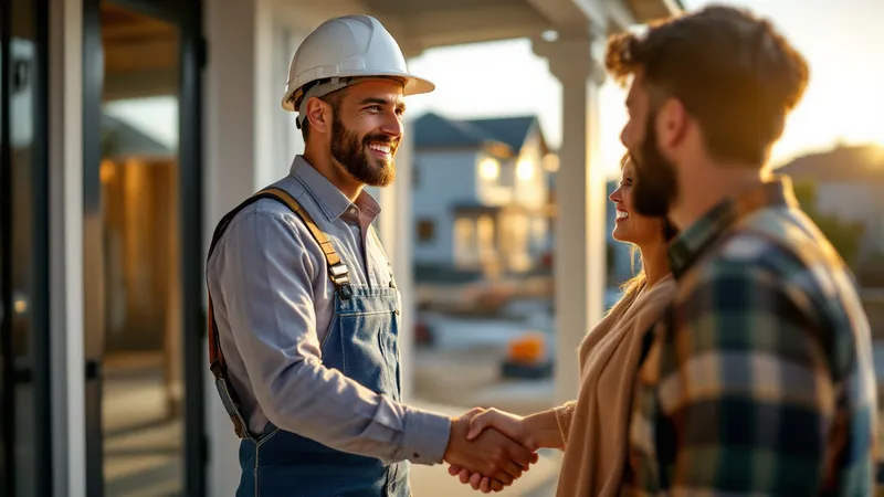 Home builder shaking hands with prospective clients at a model home