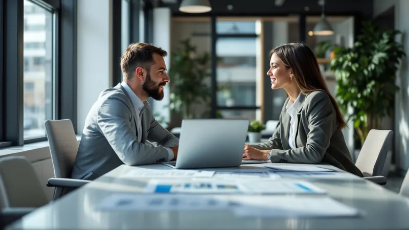 Home builder and marketing consultant reviewing a budget plan on a laptop