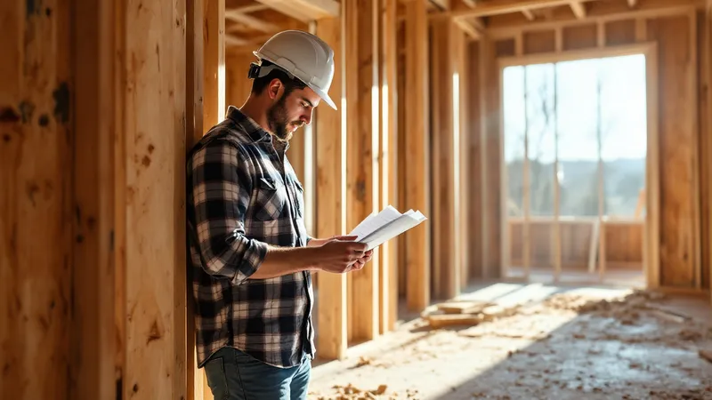 Home builder reviewing marketing materials on a tablet in front of a framed house