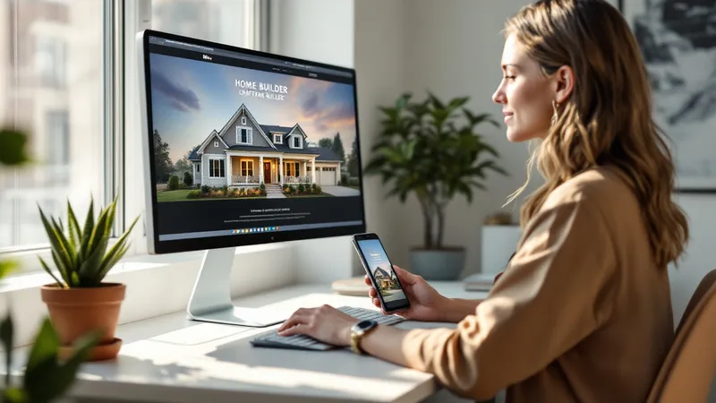 Web designer showing a home builder website on a monitor and phone side by side