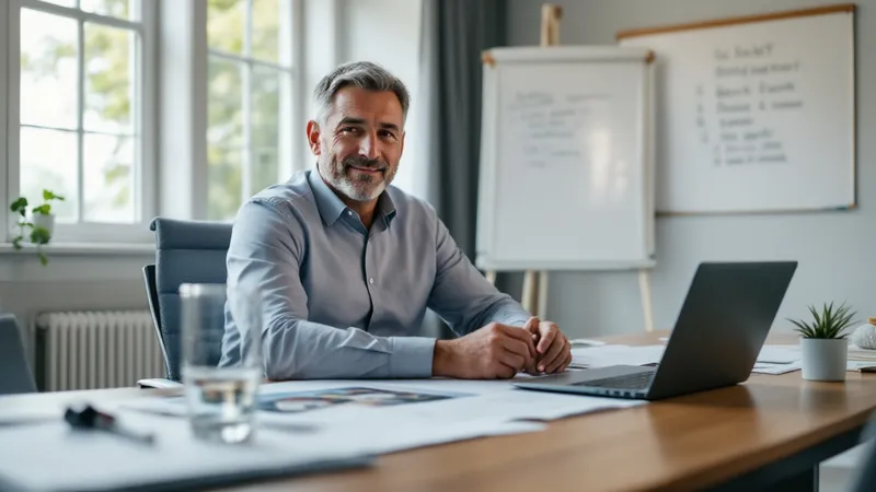 Construction company owner reviewing a marketing strategy with photos of completed homes