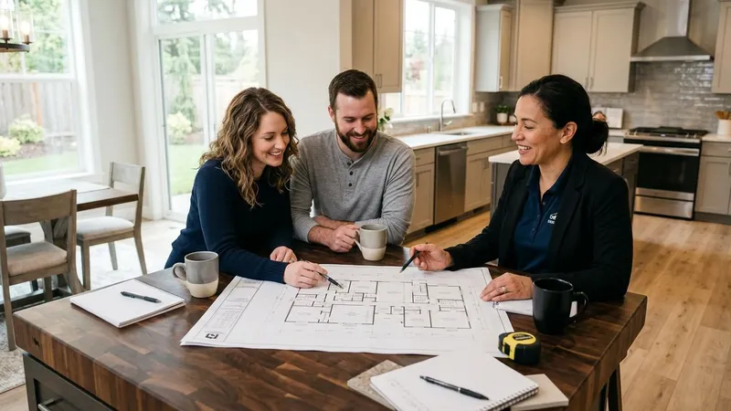 Couple reviewing floor plans with a builder at the kitchen island of a model home