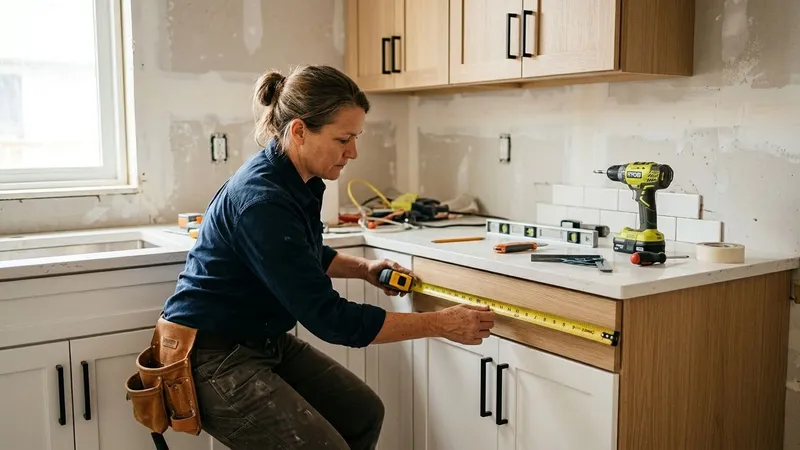 Remodeling contractor measuring new kitchen cabinets during a kitchen renovation