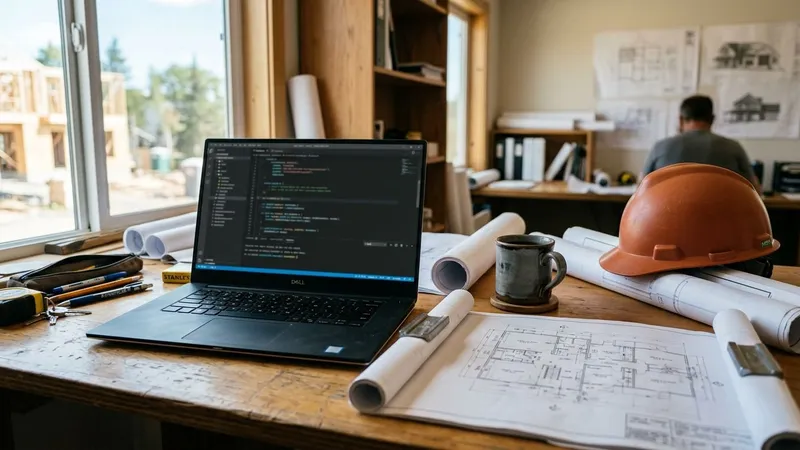 Laptop showing website code beside construction blueprints on a builder's desk