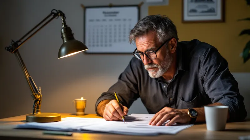Contractor reviewing a marketing investment proposal at a desk with a calculator